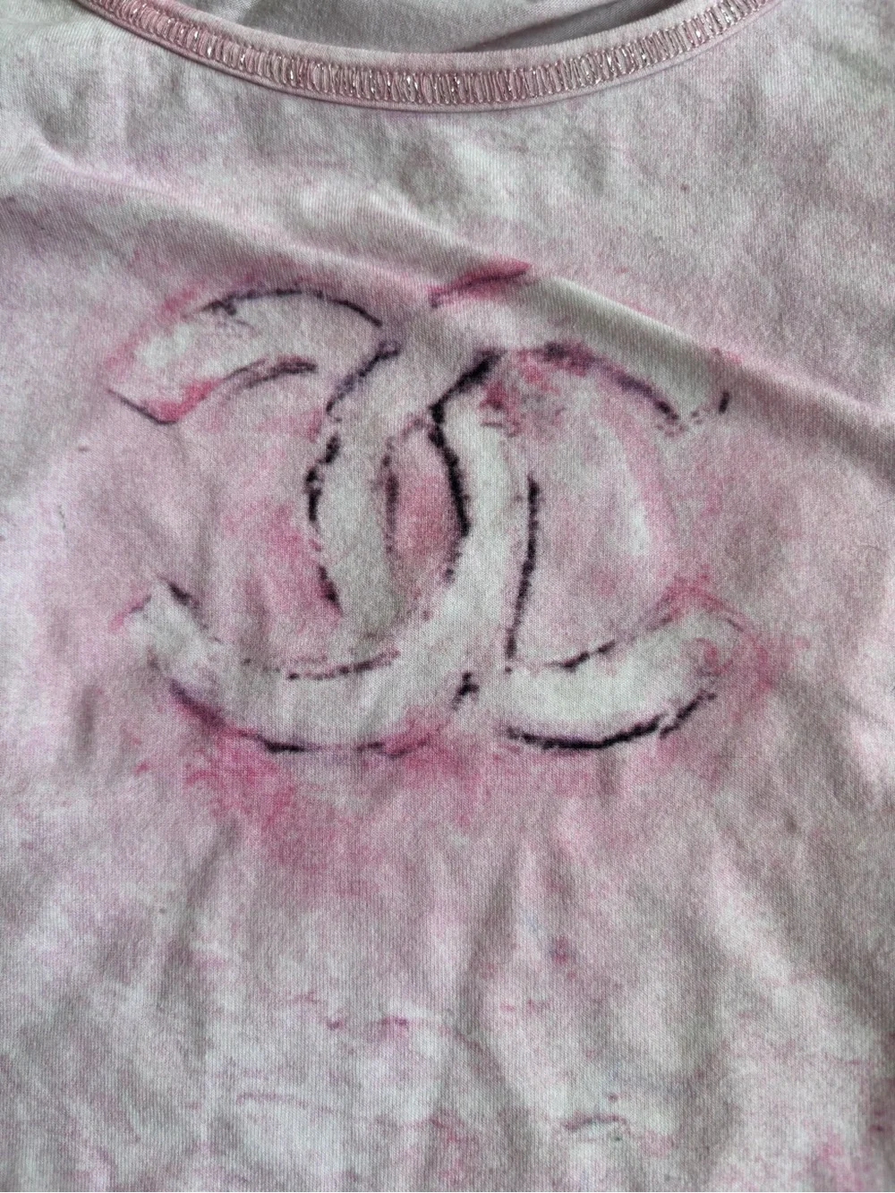 CHANEL Pink Tie-Dye Short Sleeve Logo Tee L
